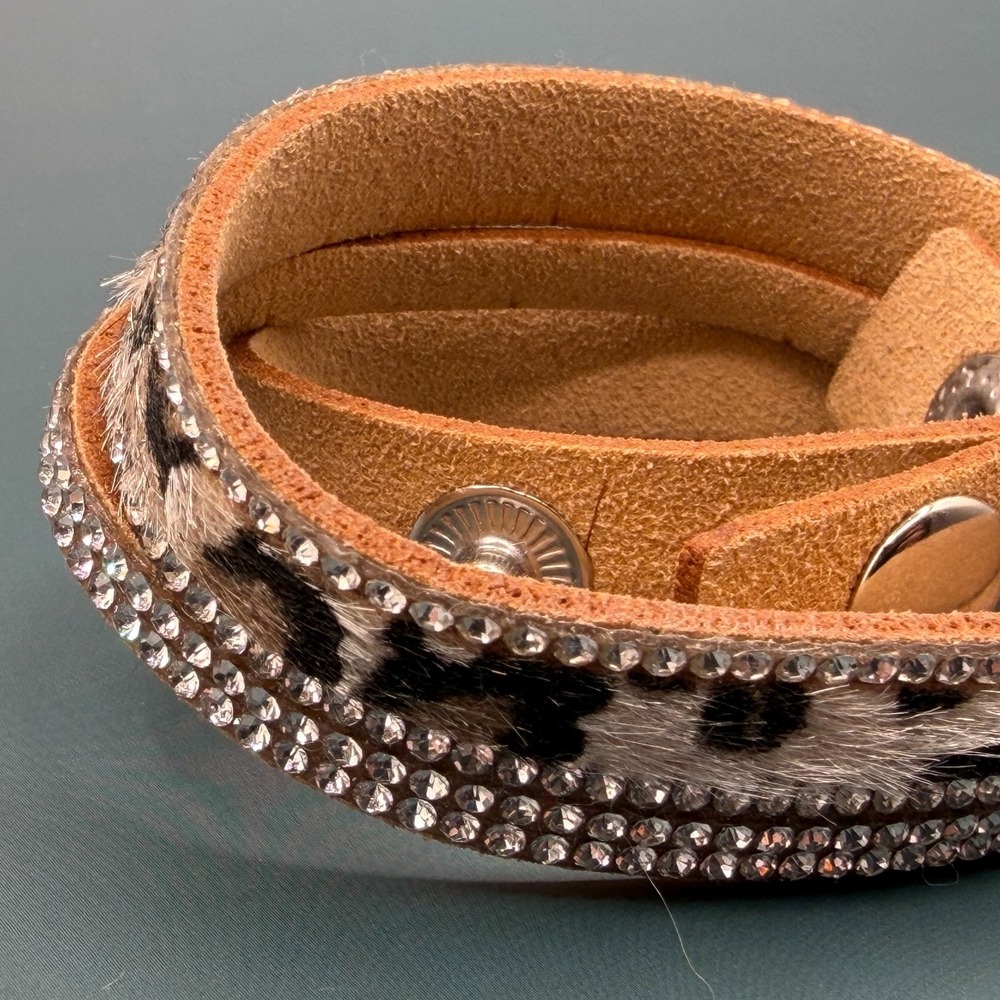 Leopard Print Rhinestone Wrap Bracelet Tan Suede Crystal Sparkle Boho Statement - Picture 10 of 13